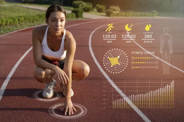Фотография к статье "5 ключевых и эффективных маркетинговых стратегий в спорте". Женщина бежит на беговой дорожке, рядом с ней цифровой график
